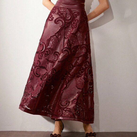 Burgundy Elegant Women's Faux Leather Embroidered High Waist A-Line maxi Skirt - Picture 6 of 7